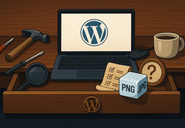 Illustrazione con laptop WordPress e cassetto strumenti, plugin utili rappresentati come oggetti su scrivania.