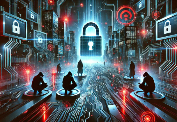 Hacker con cappuccio davanti a uno schermo con codice binario, attacco informatico in corso, minaccia cyber alle aziende italiane, protezione con scudo digitale Helinext.